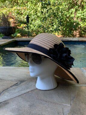 Isa & Stef Black Banded Wide Brim Floret Straw Hat